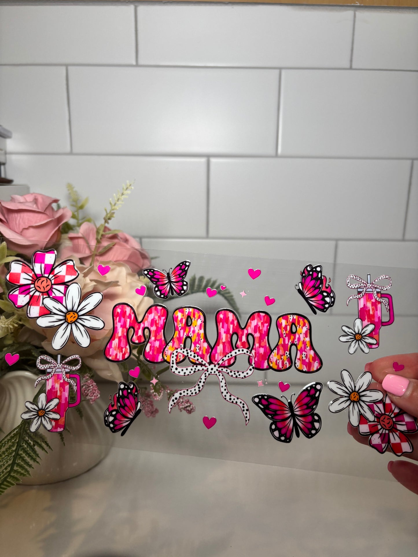 2-Mama Pink with Butterflies UV DTF Cup Wrap