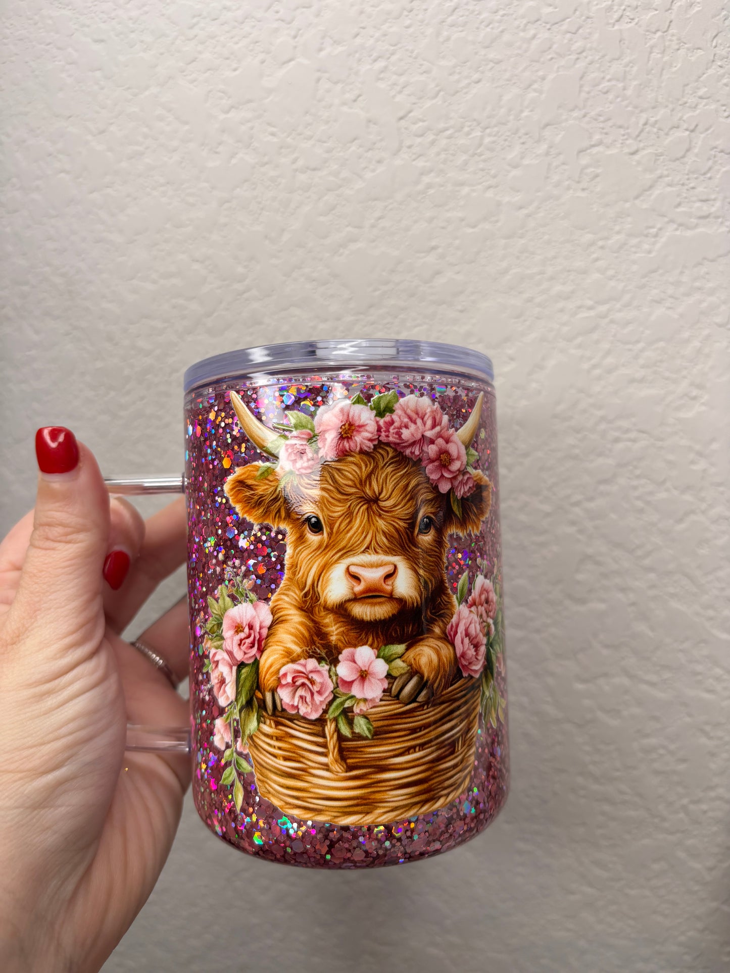 Highland Cow Pink Glitter Acrylic Coffee Mug