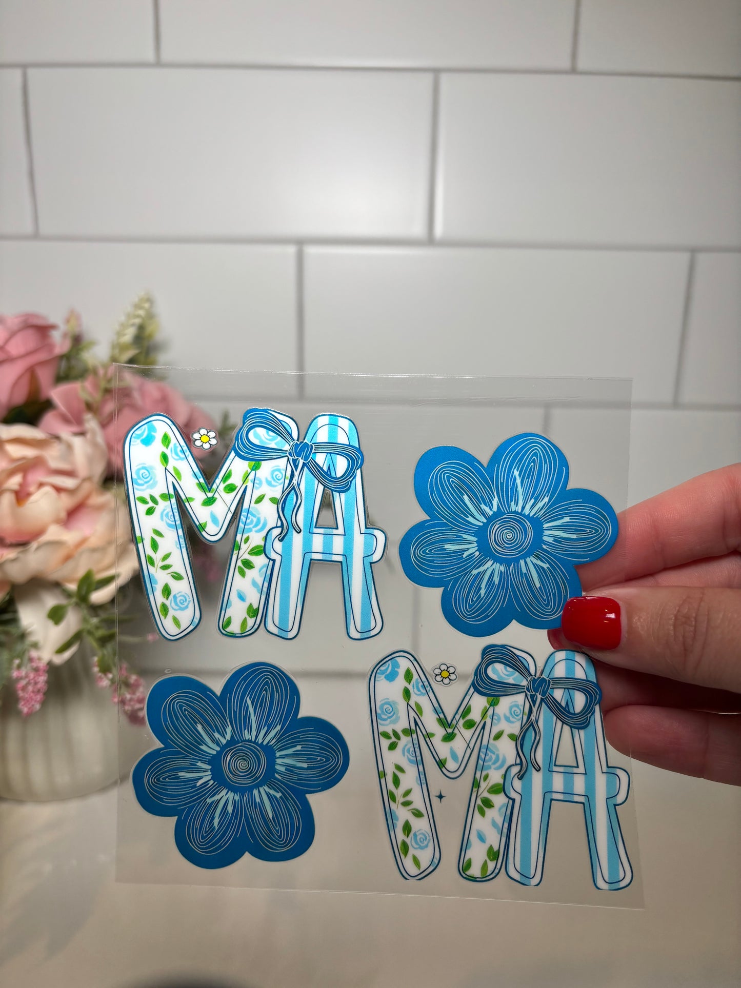 4-Blue Floral MAMA UV DTF Decal