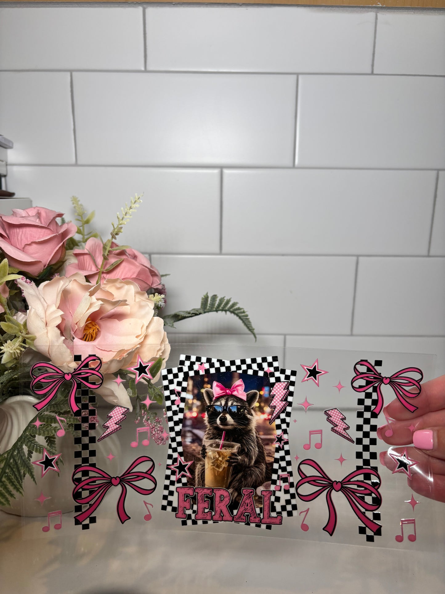 2-Feral Pink Raccoon UV DTF Cup Wrap