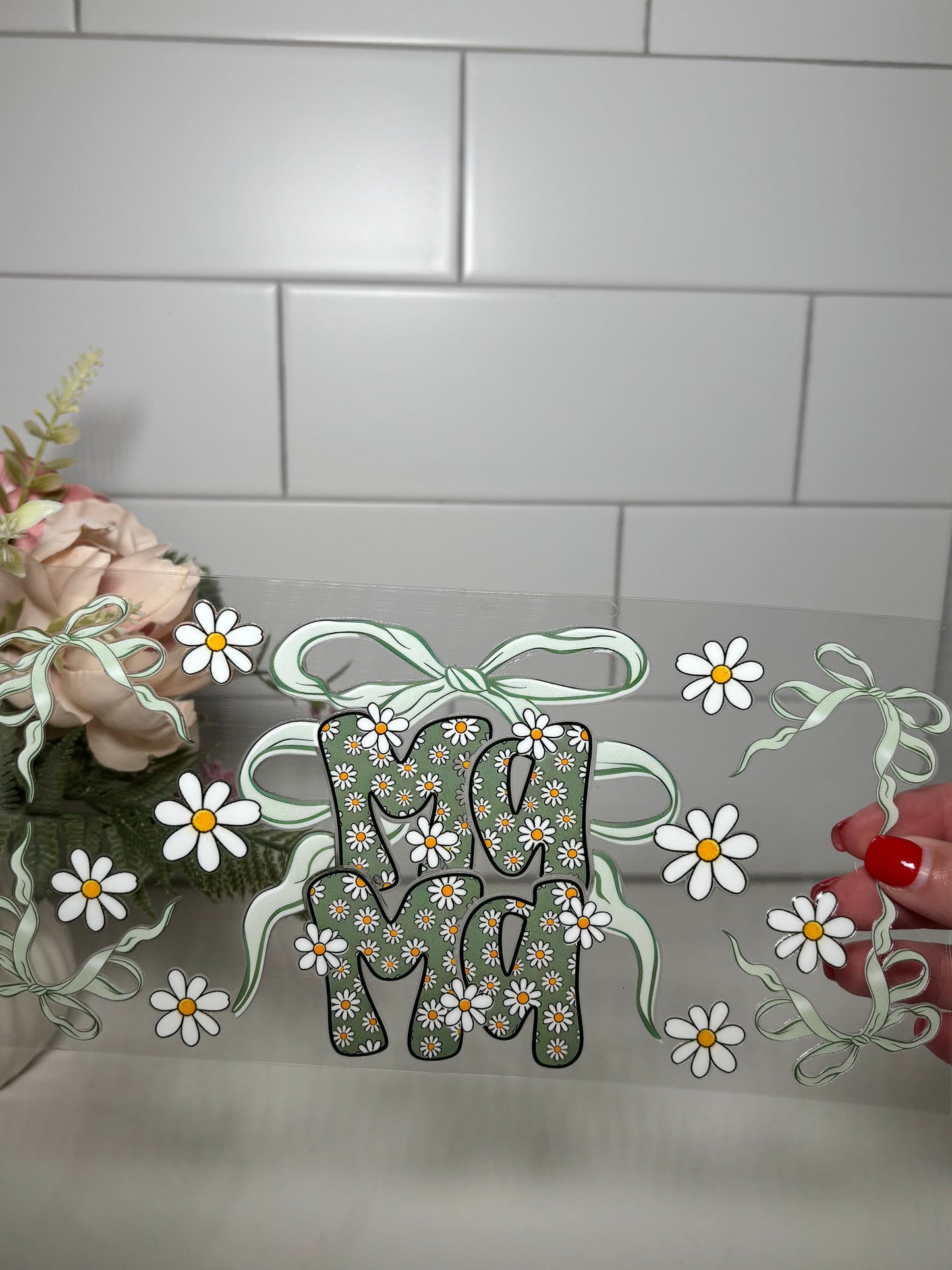 3-Green Mama Floral Bow UV DTF Cup Wrap