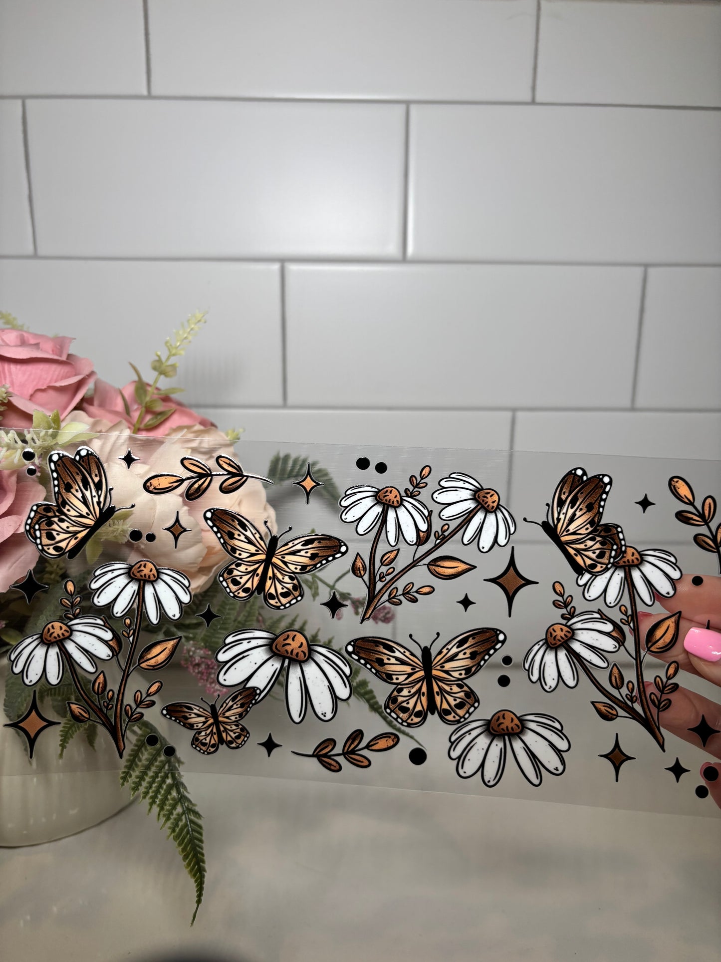 1-Neutral Butterfly and Daisy UV DTF Cup Wrap