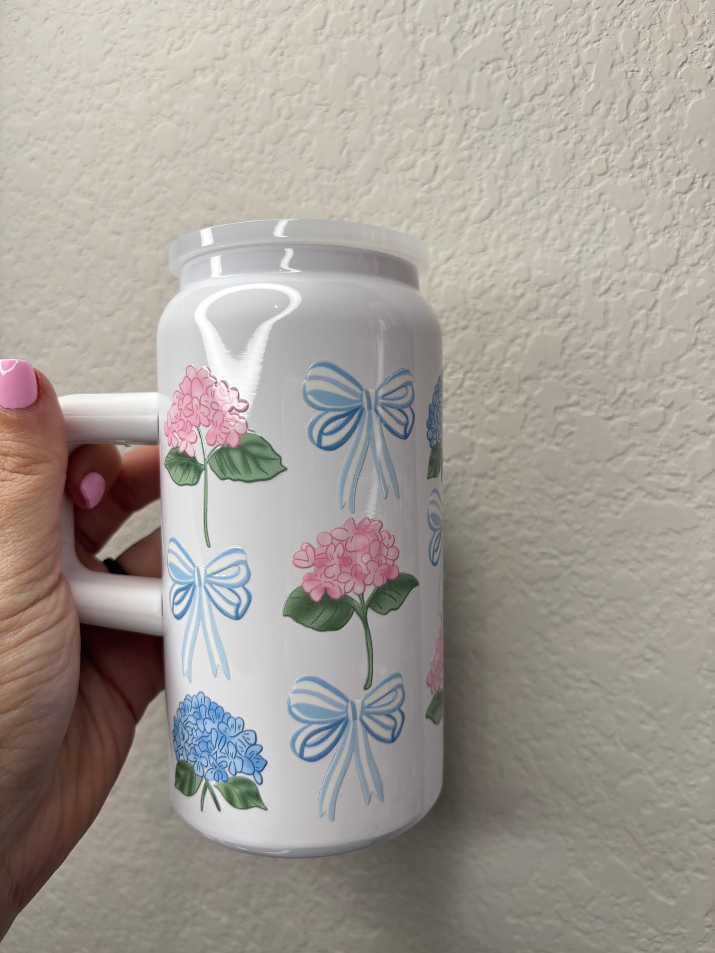 Pink and Blue Floral White 16 Ounce Stainless