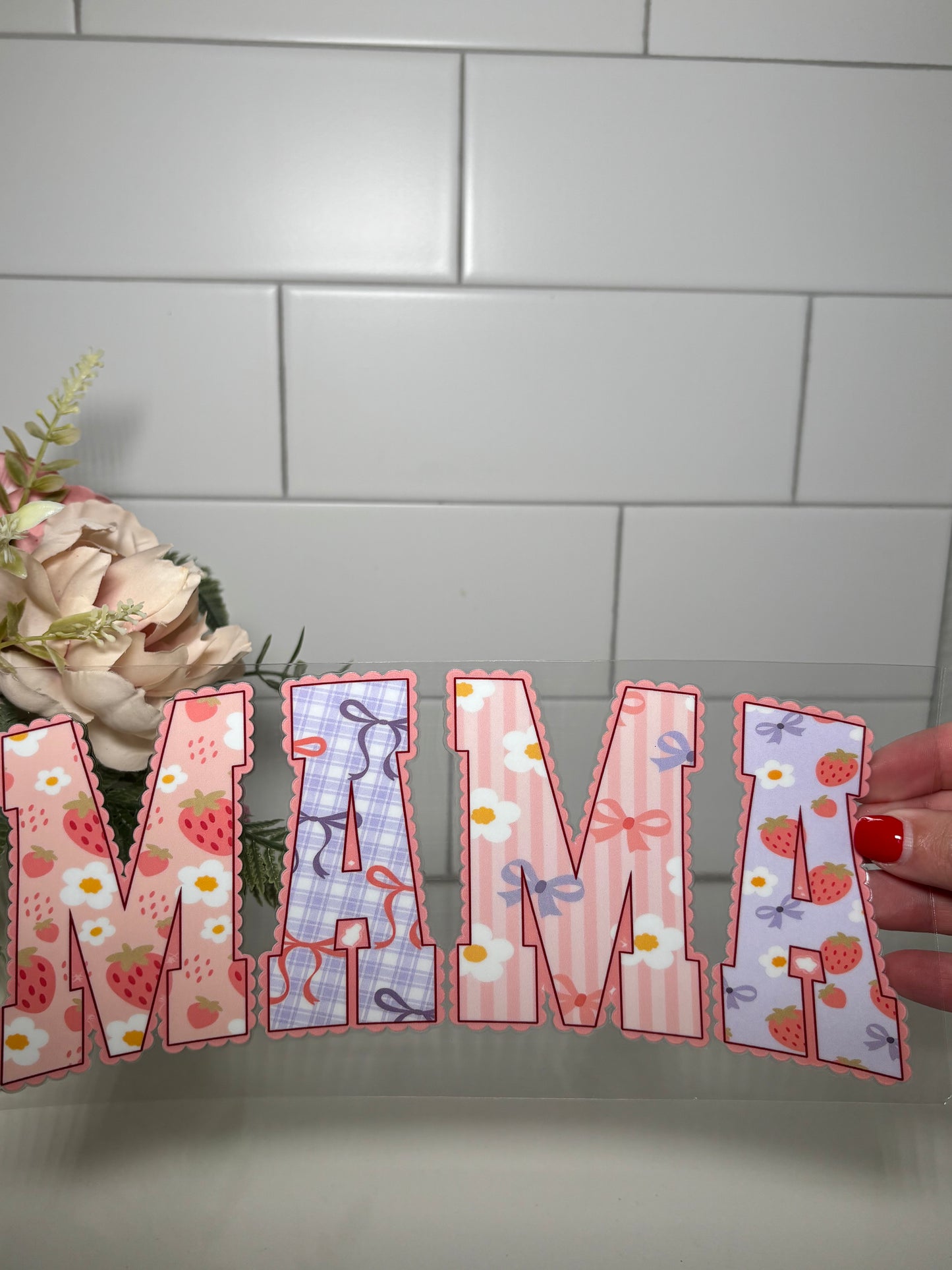 3-Mama Bows and Strawberries UV DTF Cup Wrap