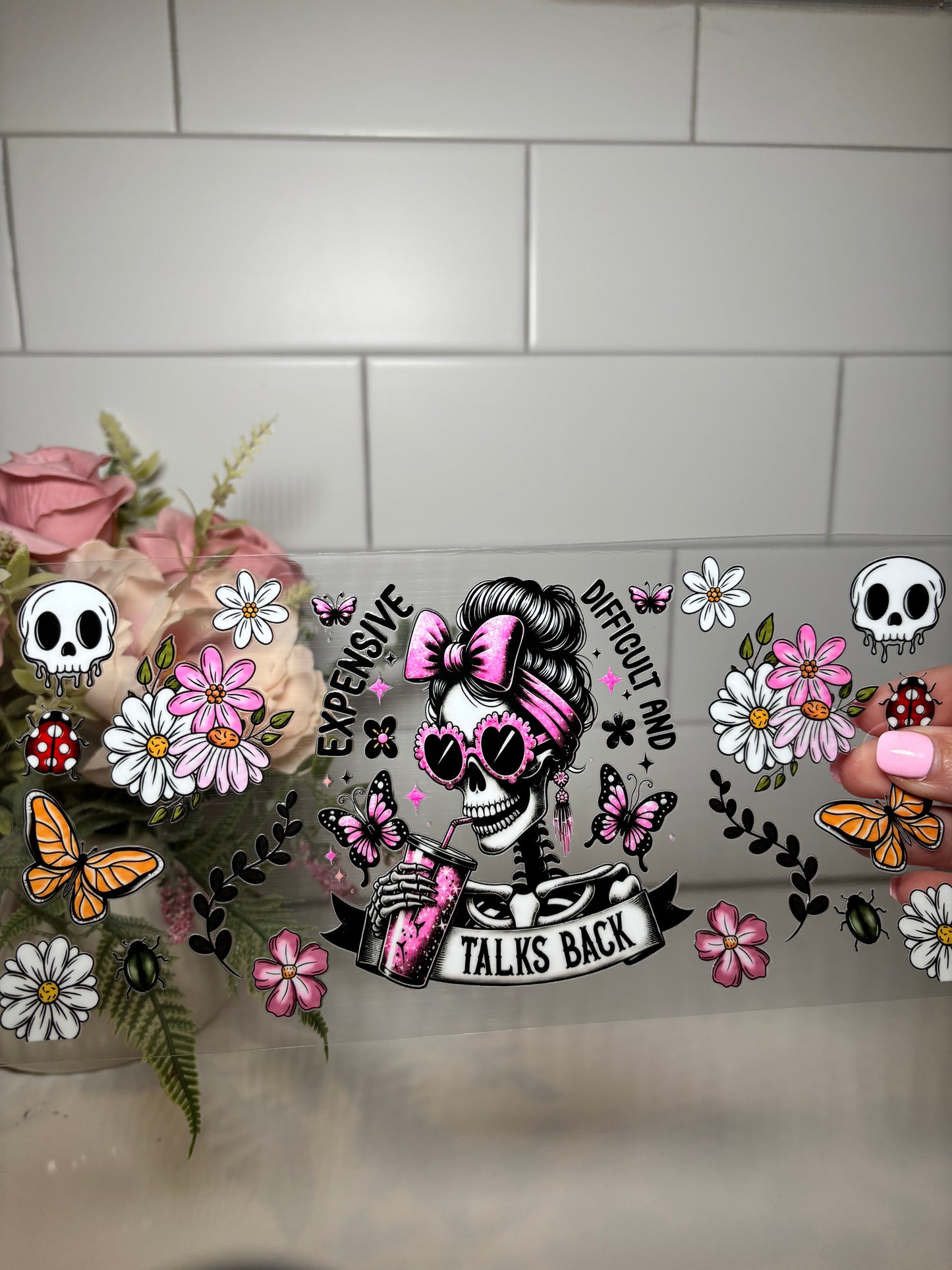 Pink Skull UV DTF Cup Wrap