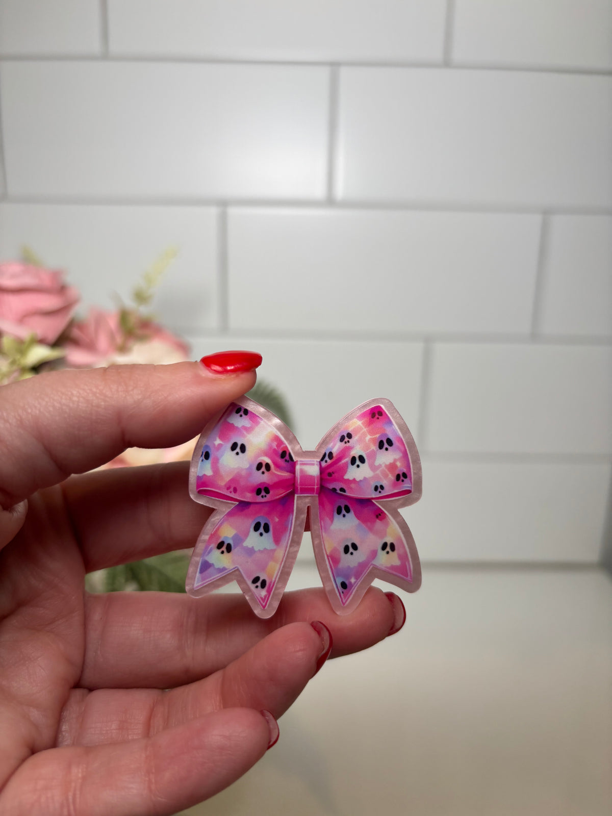4-Pink Ghost Bow Acrylic Flatback