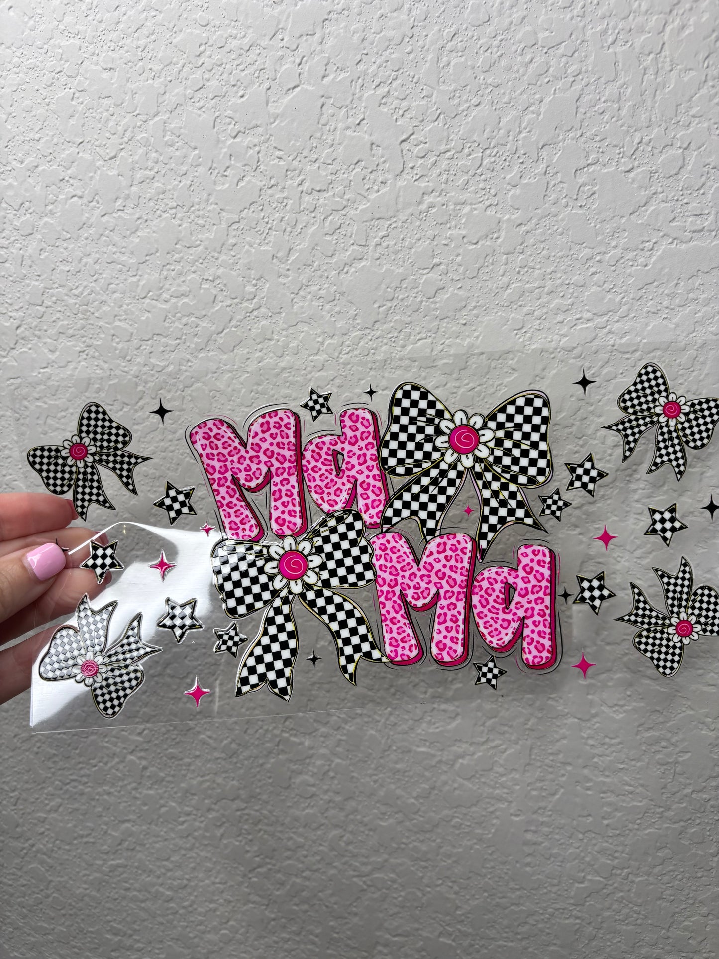 Pink Leopard Mama and Checkered Bow UV DTF Cup Wrap