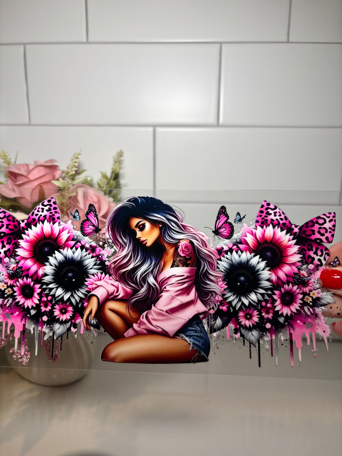 5-Tattoo Girl Butterflies and Pink Flowers UV DTF Cup Wrap