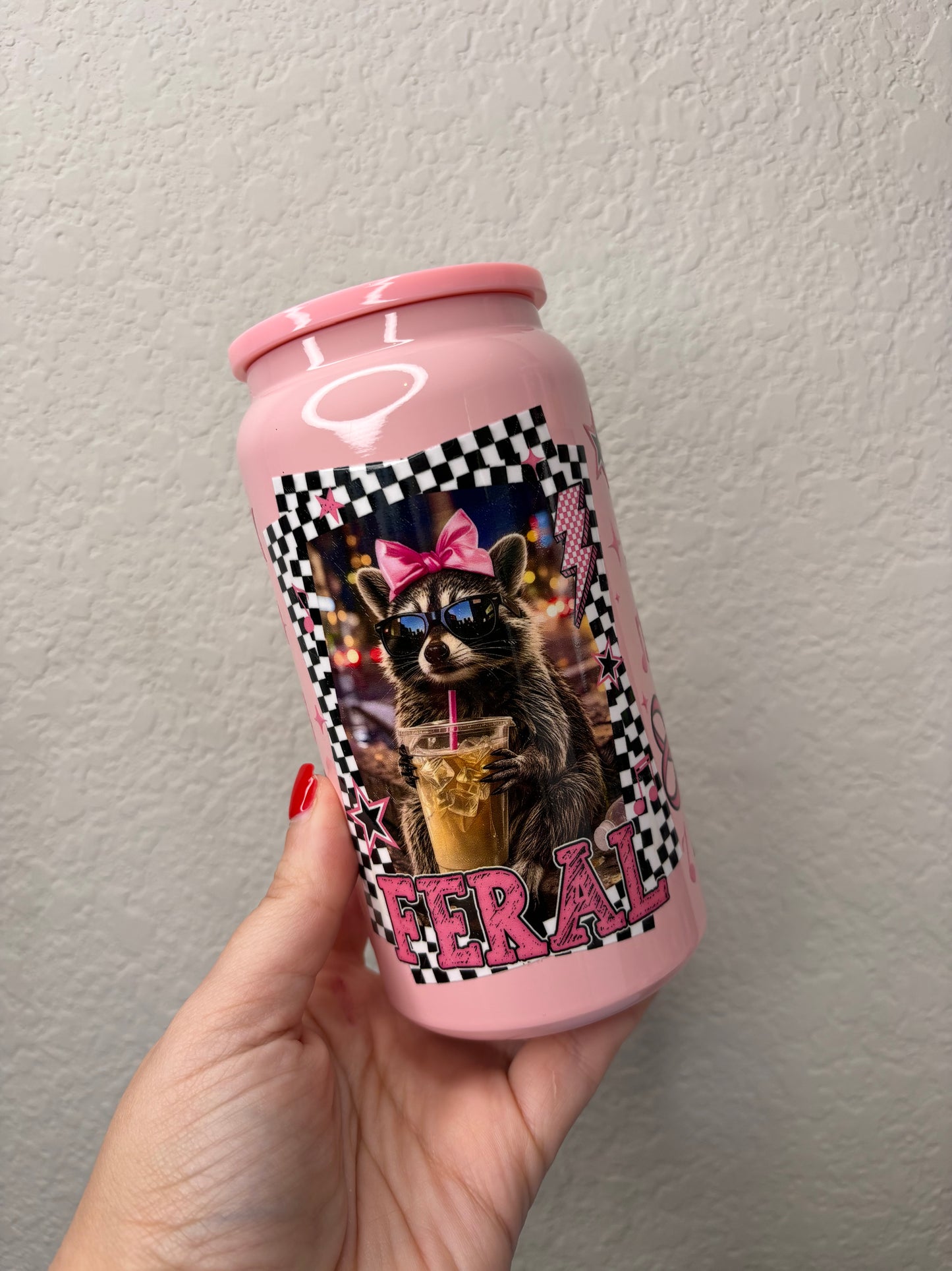 Feral Raccoon Pink 16 Ounce Stainless Steel Cup