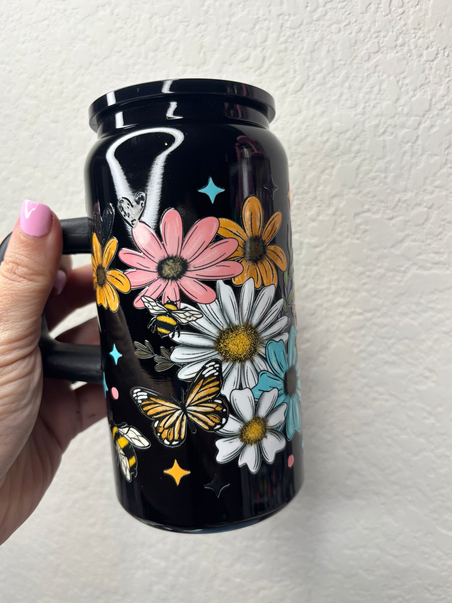 Butterfies Bees and Daisy 16 Ounce Black Stainless