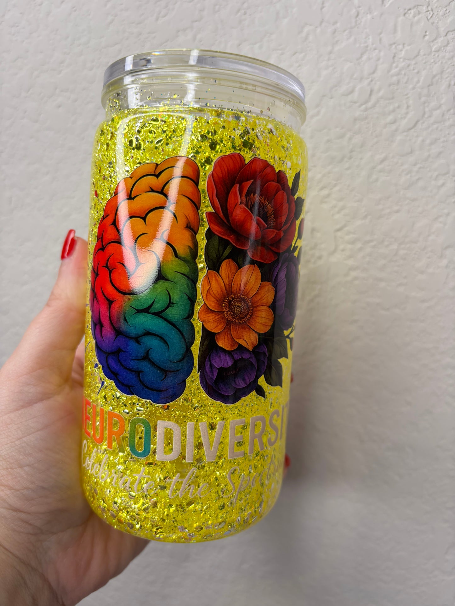 Yellow Glitter NueroDiversity Snowglobe 16oz Tumbler