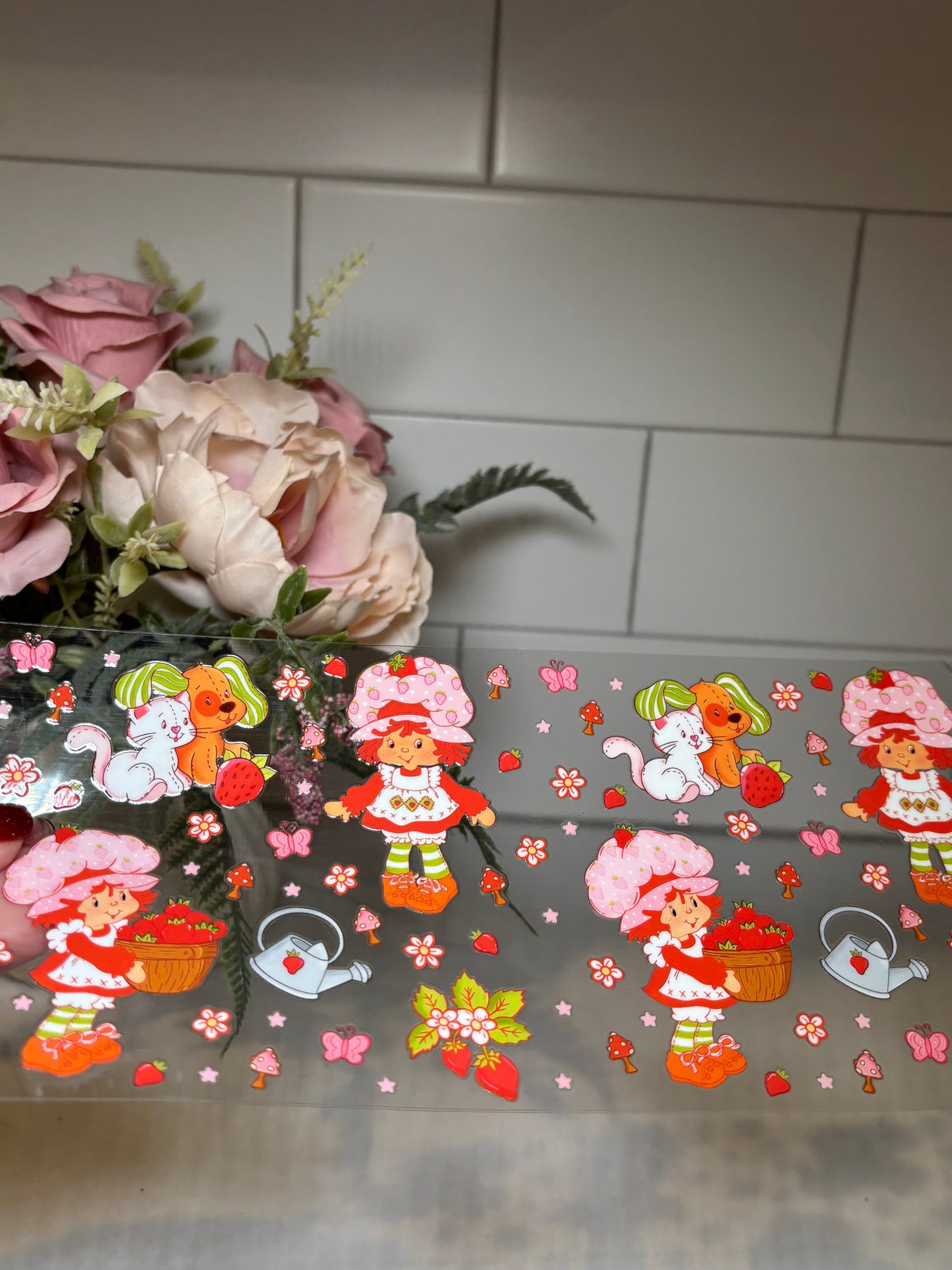 Strawberry Girl and Her Pets 16 Ounce UV DTF Decal