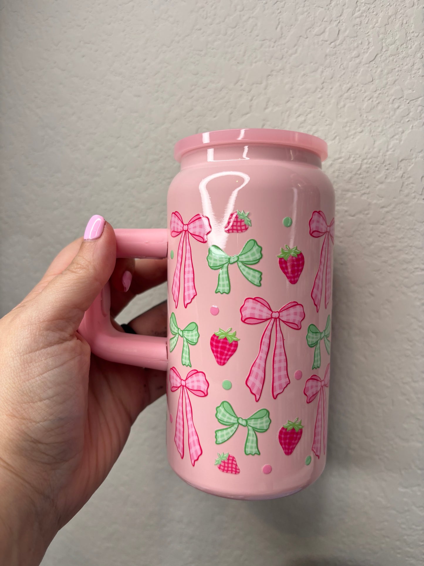 Pink Gingham Strawberry Stainless Steel 16 ounce Cup