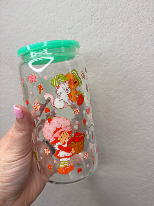 Strawberry Girl Glass Can Cup--OOPSIE-- Wrap is not perfect