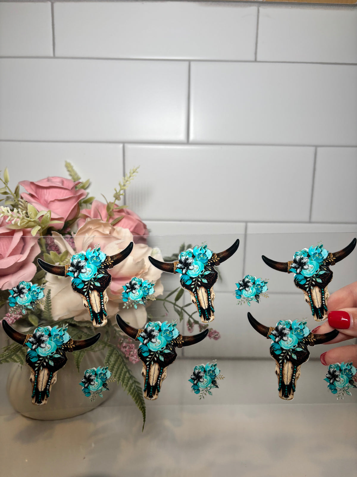 6- Blue Floral Cow Skull UV DTF Cup Wrap