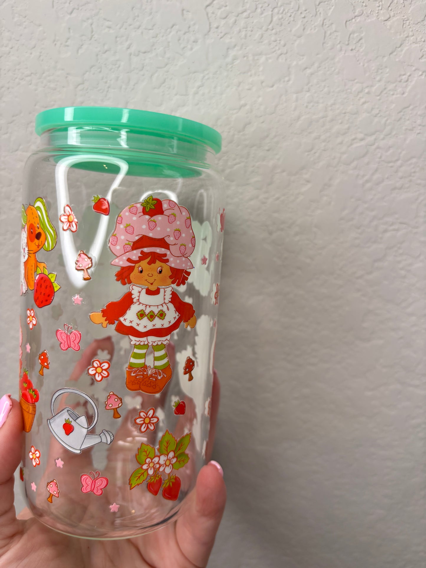 Strawberry Girl Glass Can Cup--OOPSIE-- Wrap is not perfect