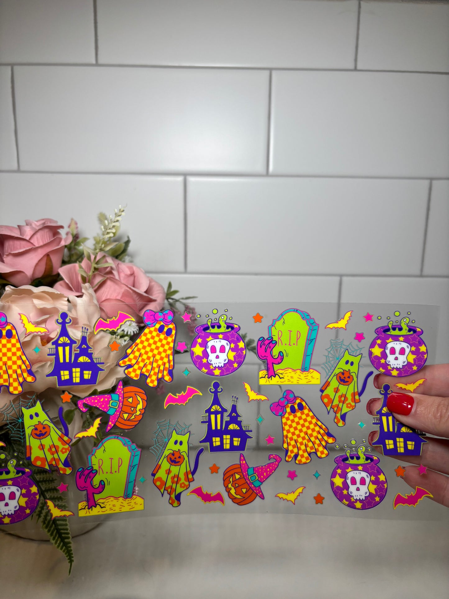 6-Neon Checkered Ghost UV DTF Cup Wrap