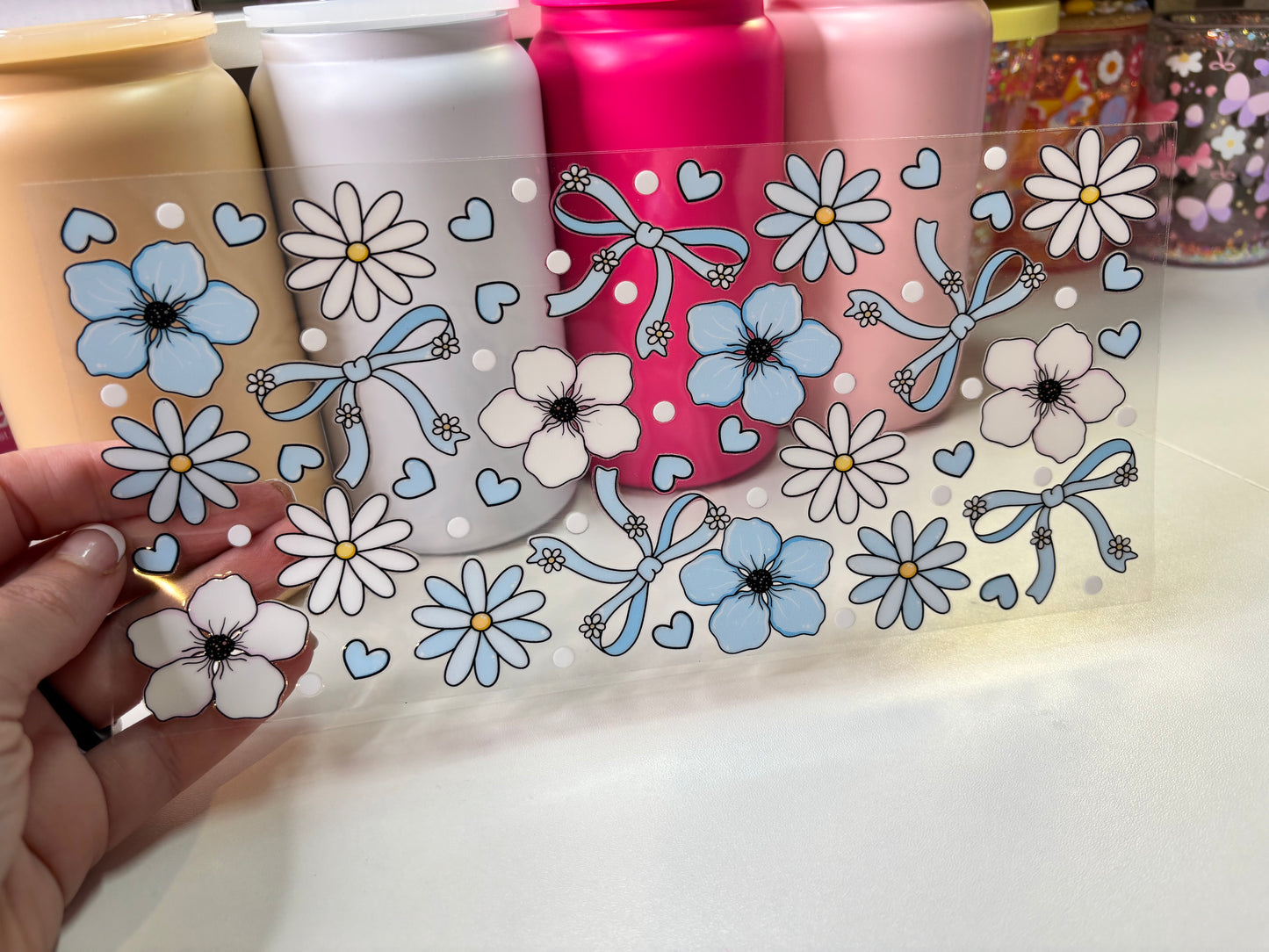 Blue and White Flowers and Bows UV DTF