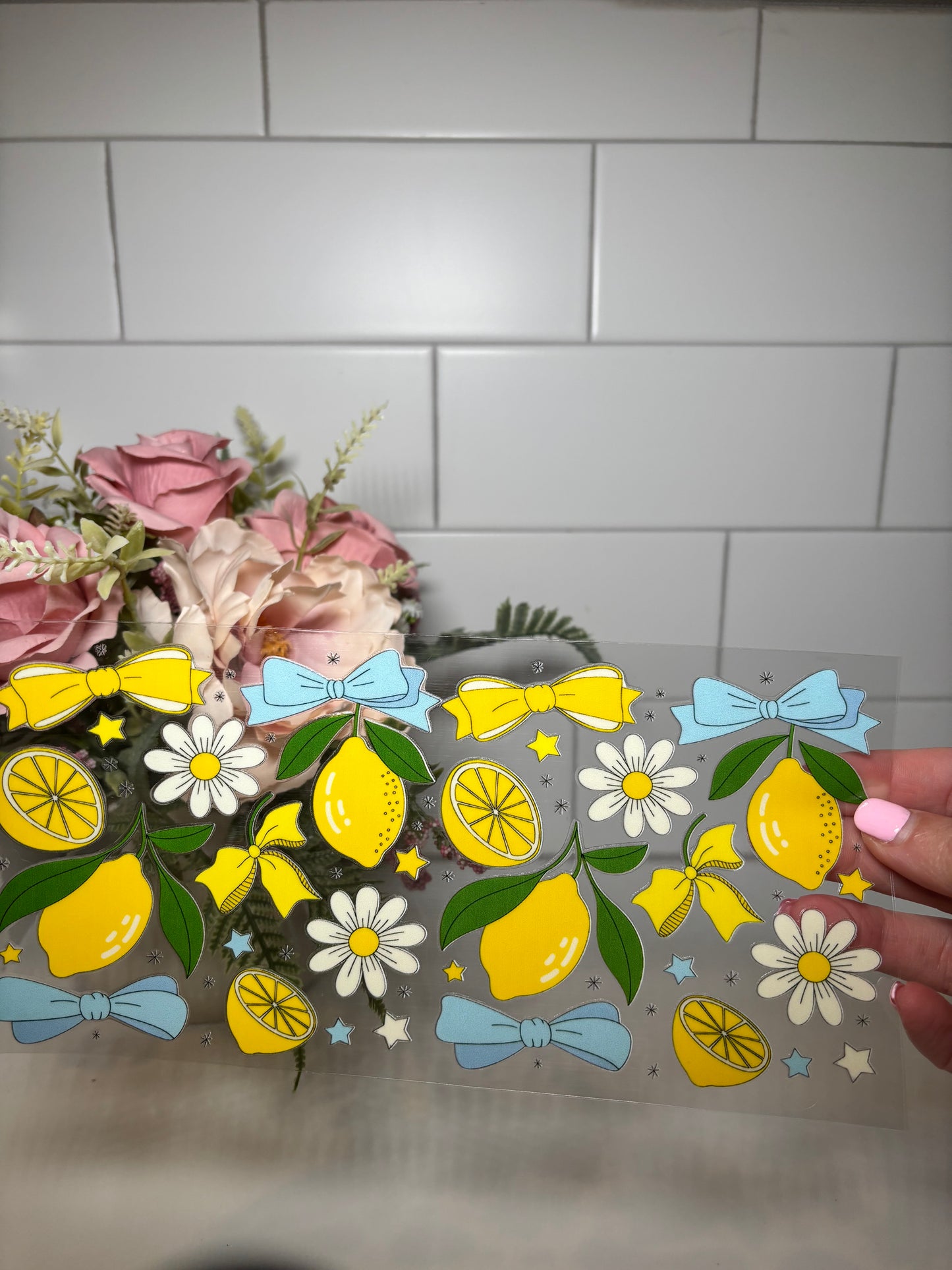 Lemon Daisy and Blue Bow UV DTF Cup Wrap