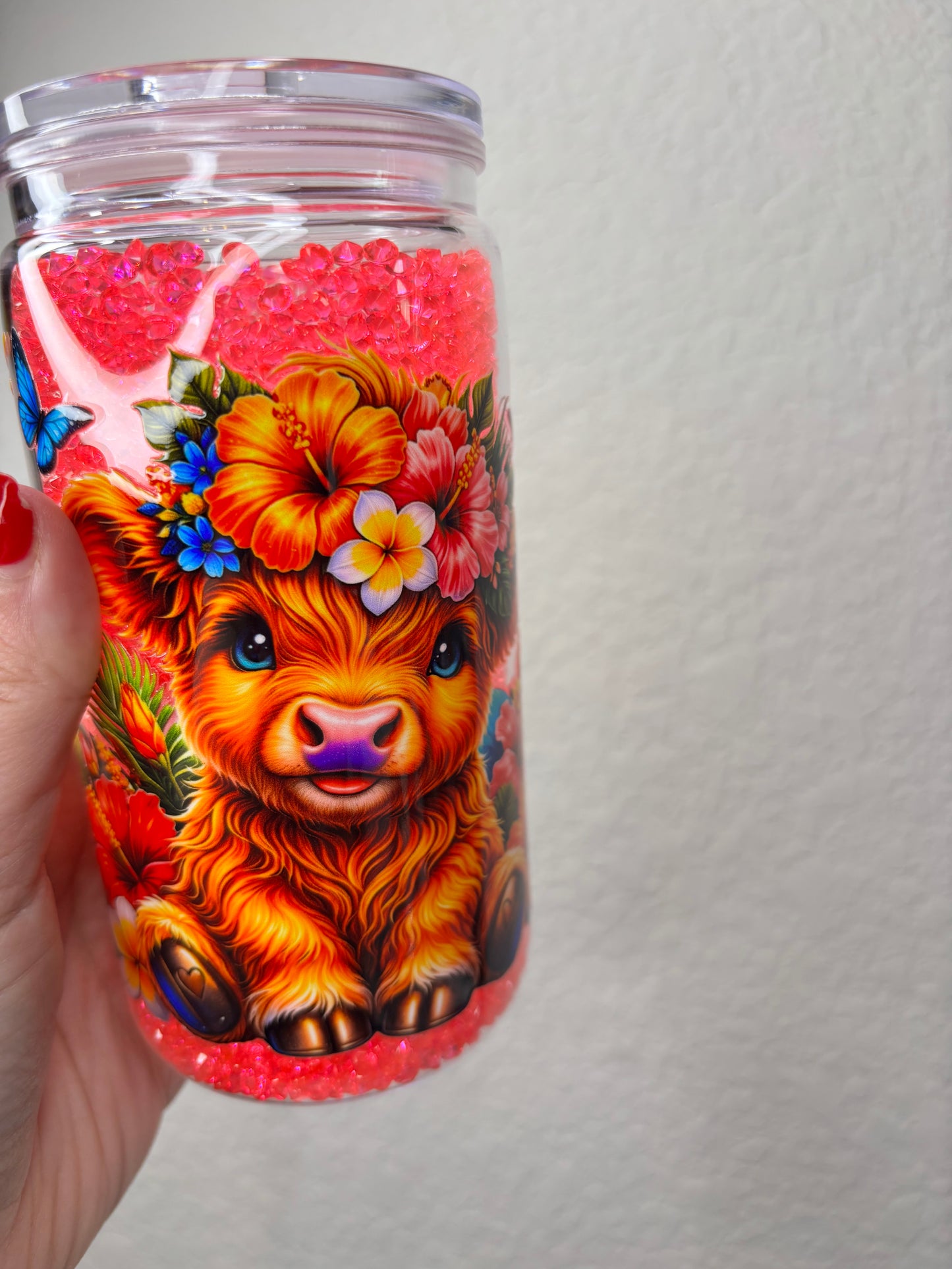 Hot Pink Gem Filled Highland Cow 16 Ounce Acrylic Snowglobe