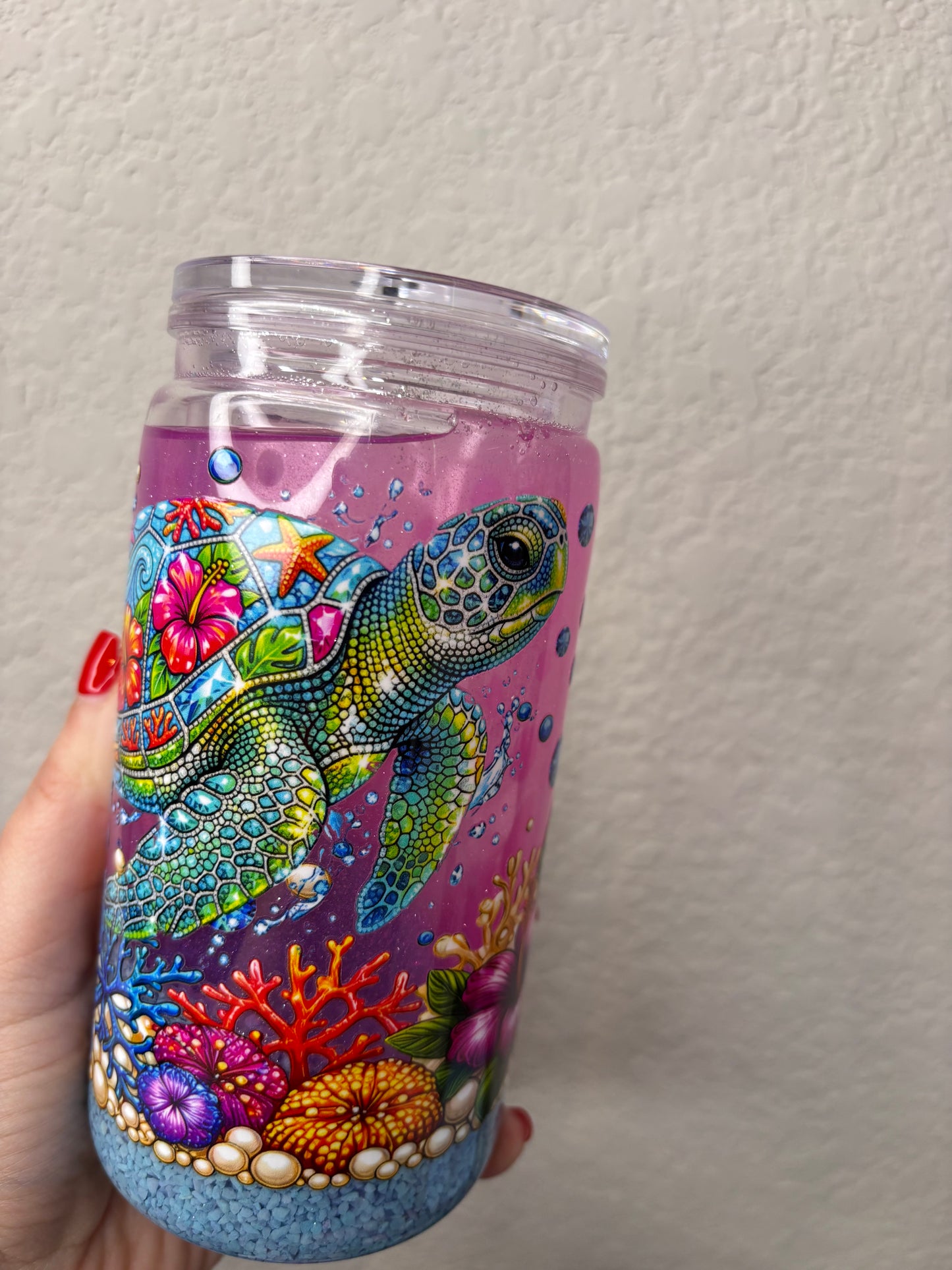 Pink Beach Turtle Snowglobe Acrylic Tumbler