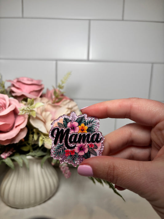 Mama Floral Silver Acrylic Flatback