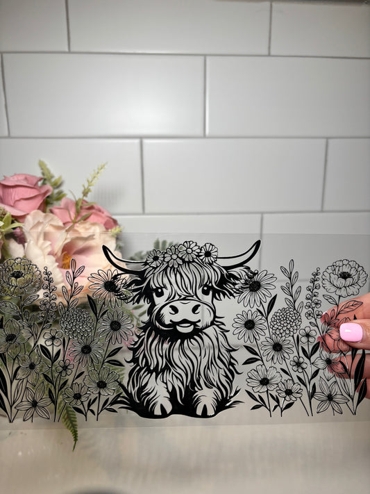 Black Line Highland Cow UV DTF Cup Wrap