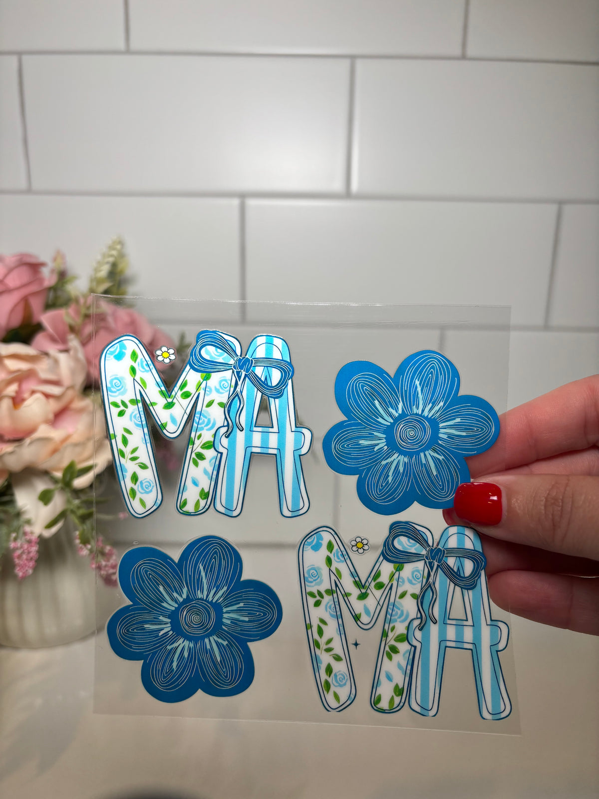 4-Blue Floral MAMA UV DTF Decal