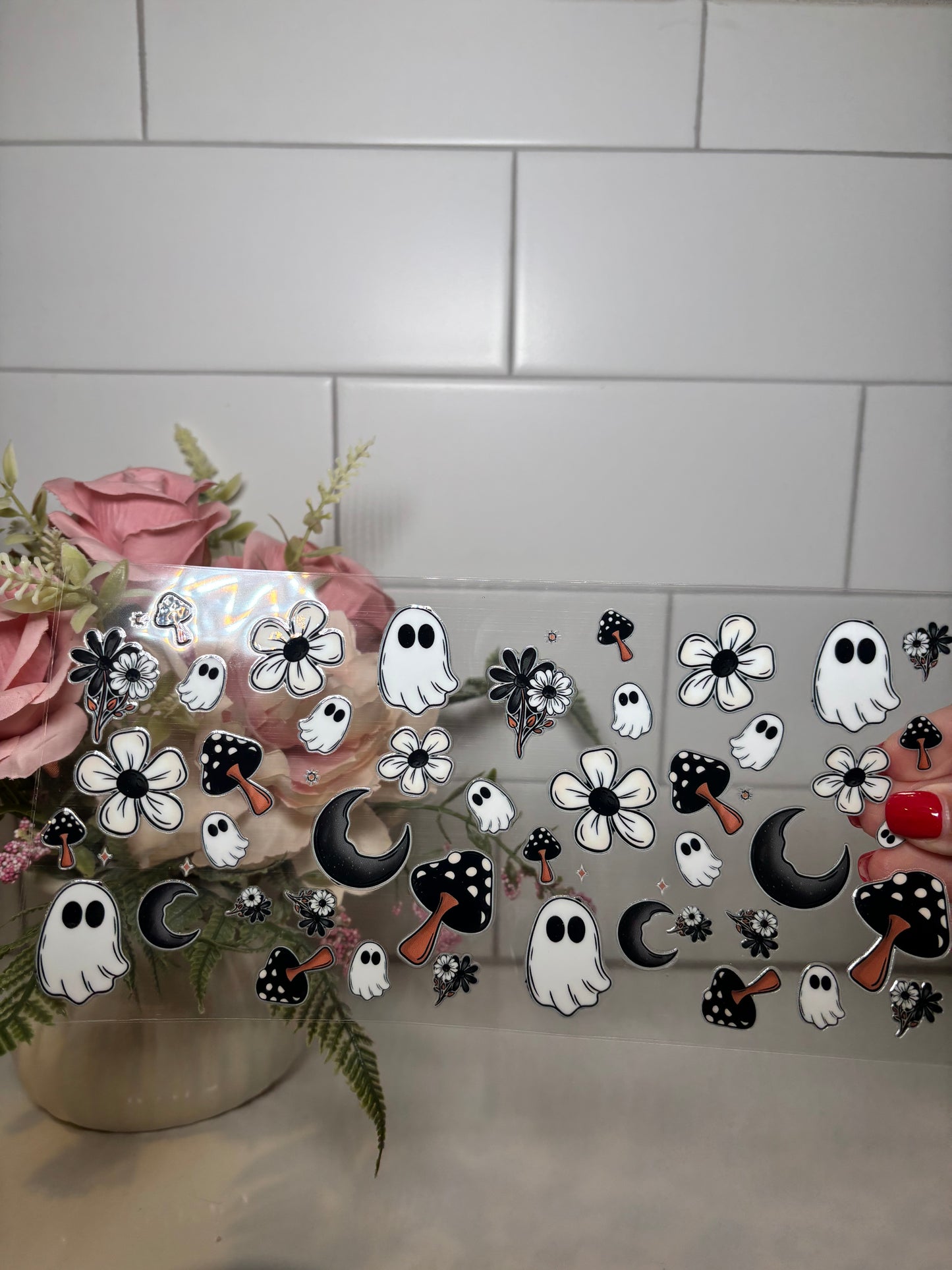 6-Black and White Mushrooms and Ghost UV DTF Cup Wrap