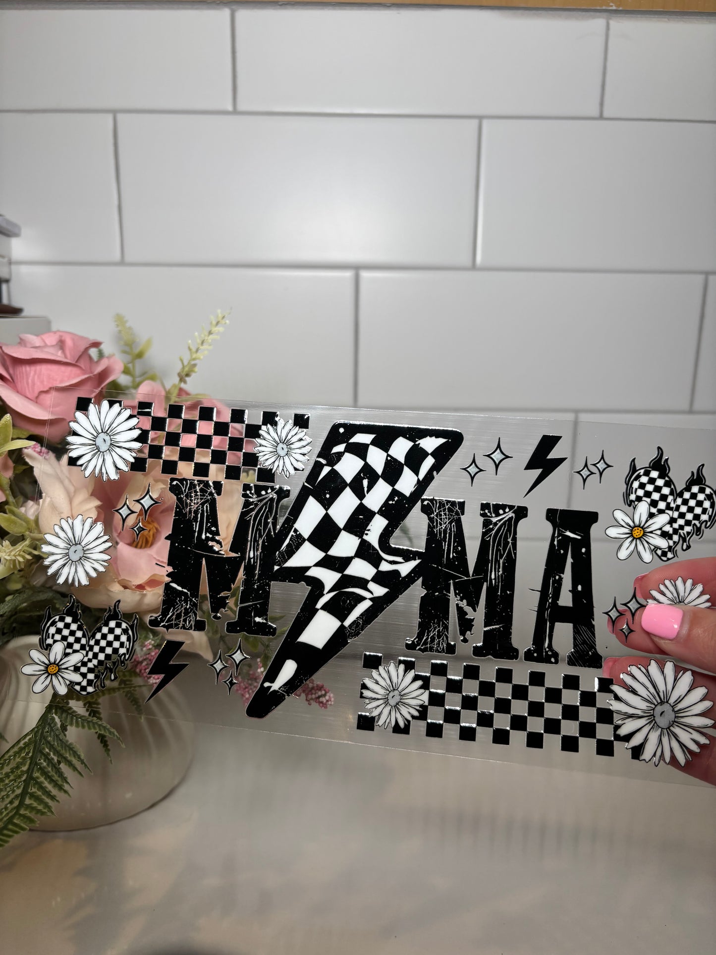 2-Mama Checkered Bolt UV DTF Cup Wrap