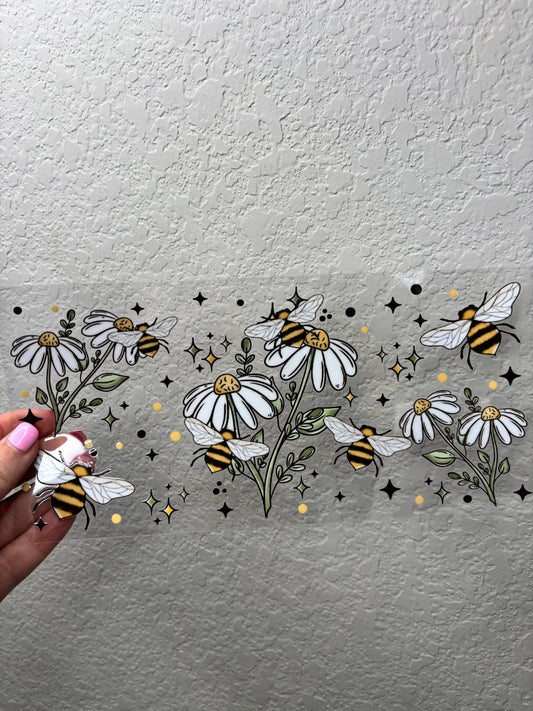 White Flowers and Bees UV DTF Cup Wrap