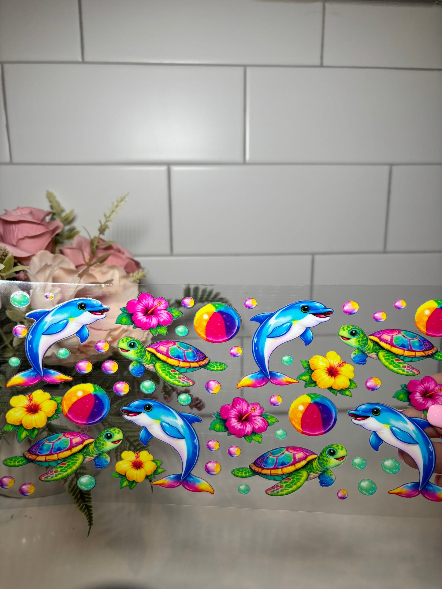 Bright Dolphin and Turtle UV DTF Cup Wrap